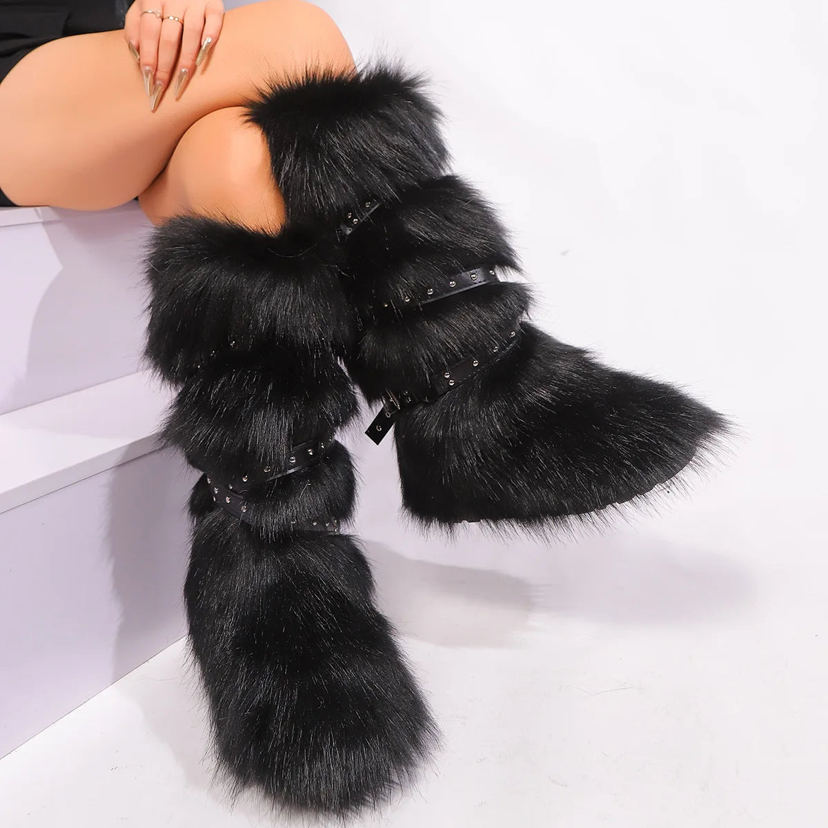 Faux Fur Fuzzy Boots Fashion Strap Snow Boots Warm Knee-high