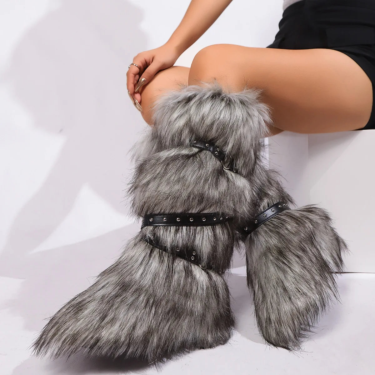 Faux Fur Fuzzy Boots Fashion Strap Snow Boots Warm Knee-high