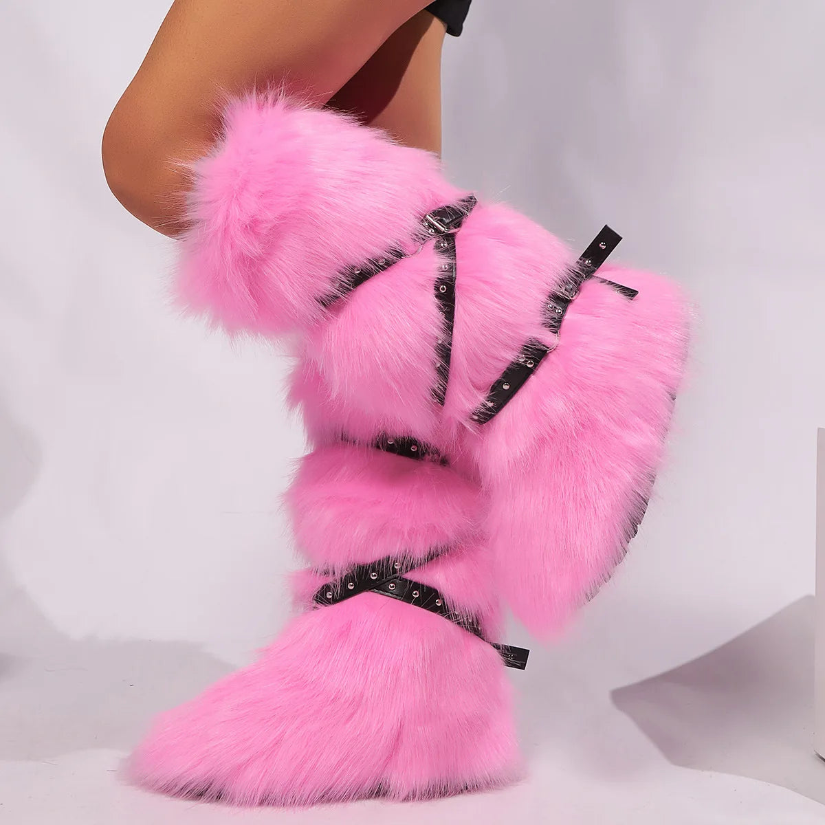 Faux Fur Fuzzy Boots Fashion Strap Snow Boots Warm Knee-high