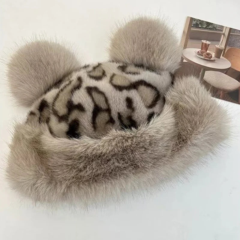 Leopard Print Plush Ears Bucket Hat