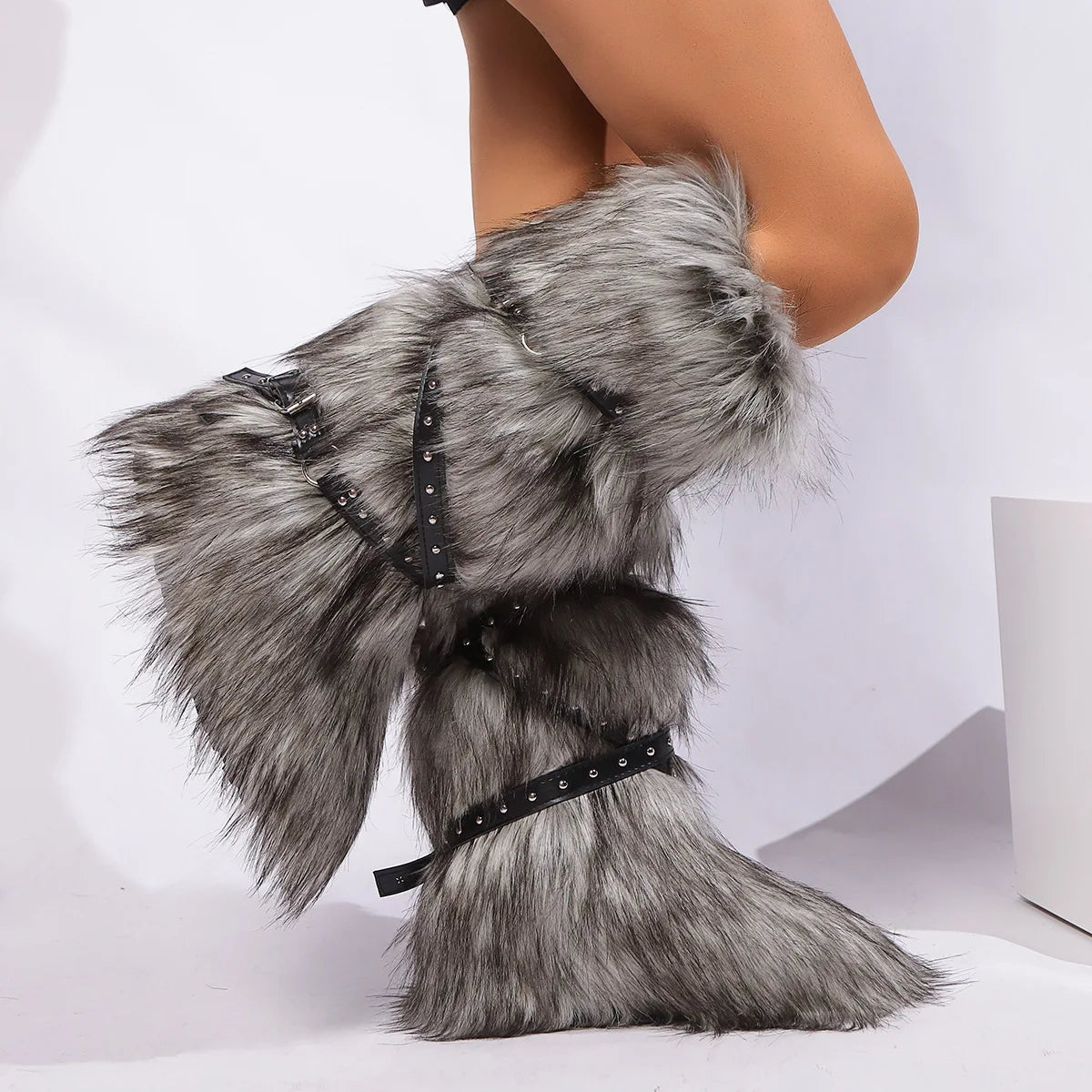 Faux Fur Fuzzy Boots Fashion Strap Snow Boots Warm Knee-high