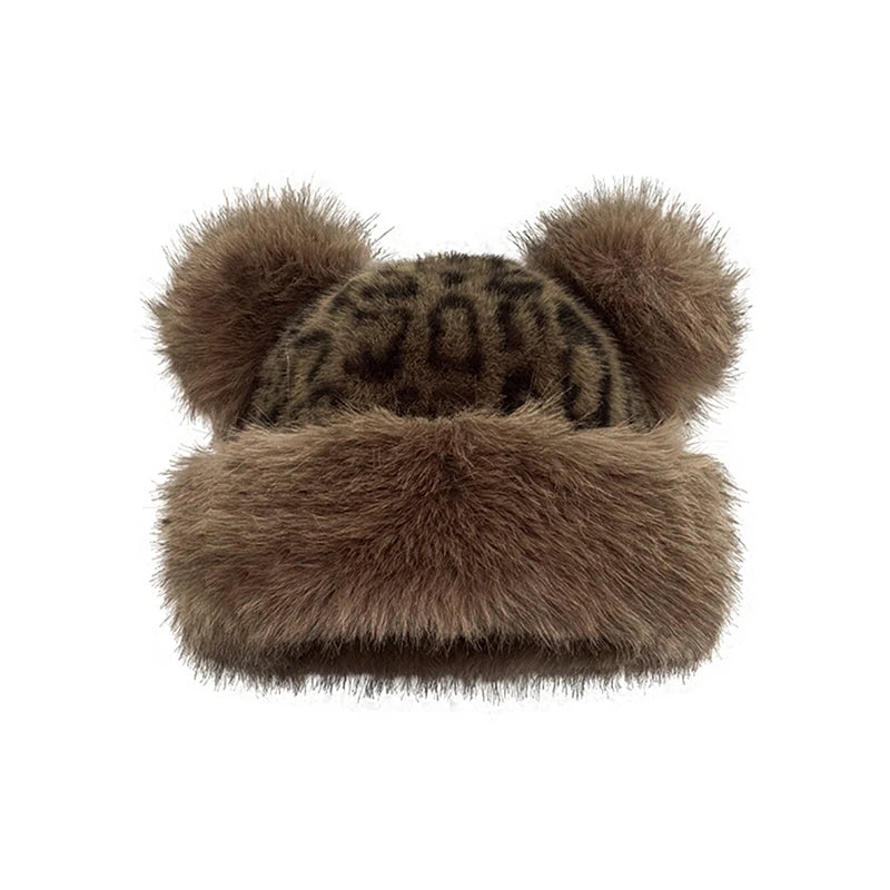 Leopard Print Plush Ears Bucket Hat