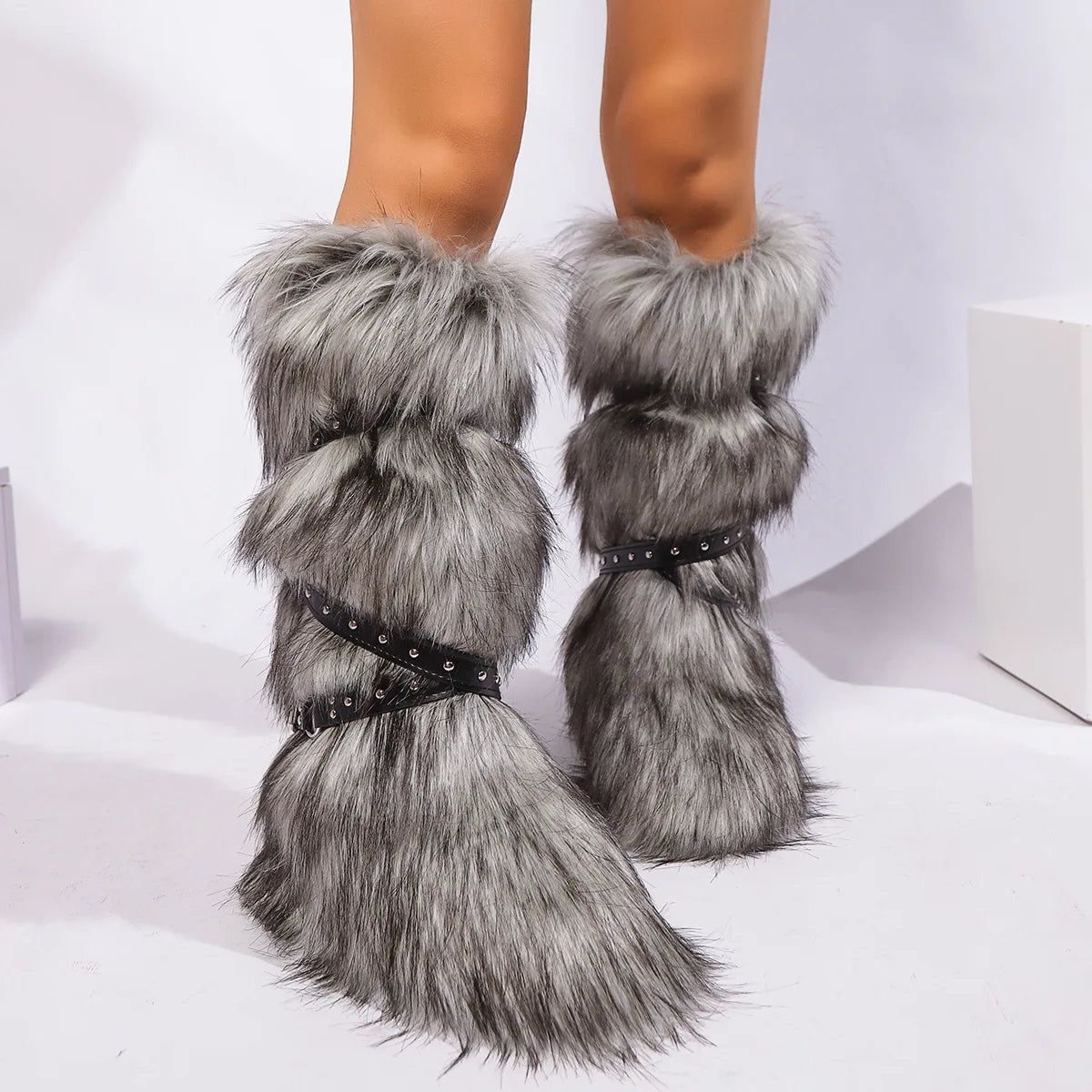 Faux Fur Fuzzy Boots Fashion Strap Snow Boots Warm Knee-high