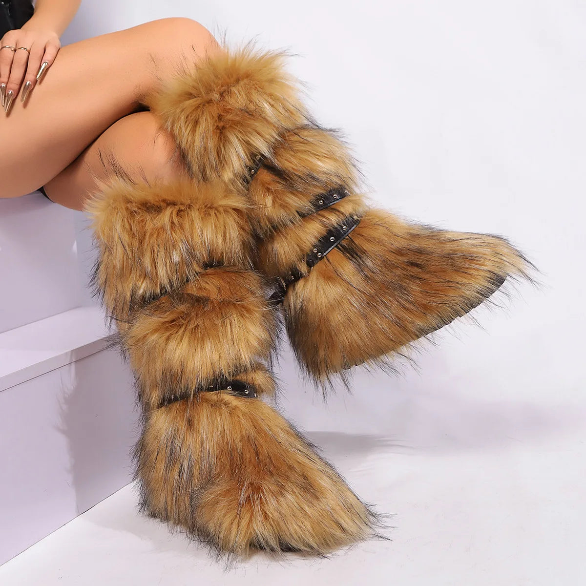 Faux Fur Fuzzy Boots Fashion Strap Snow Boots Warm Knee-high