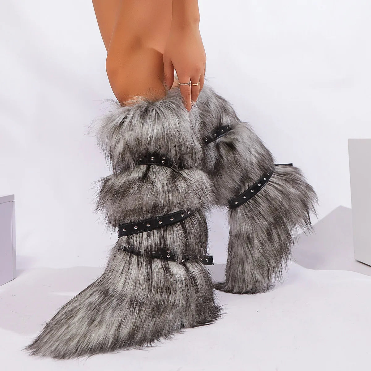 Faux Fur Fuzzy Boots Fashion Strap Snow Boots Warm Knee-high