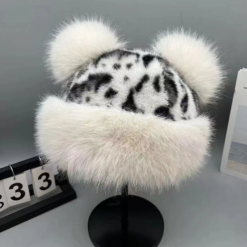 Leopard Print Plush Ears Bucket Hat