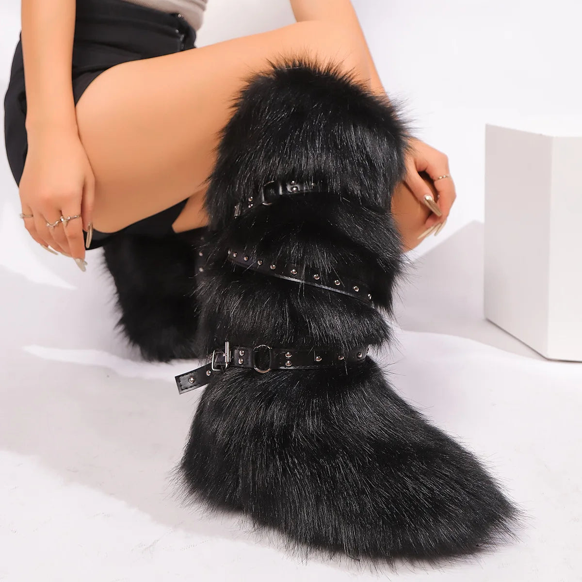 Faux Fur Fuzzy Boots Fashion Strap Snow Boots Warm Knee-high