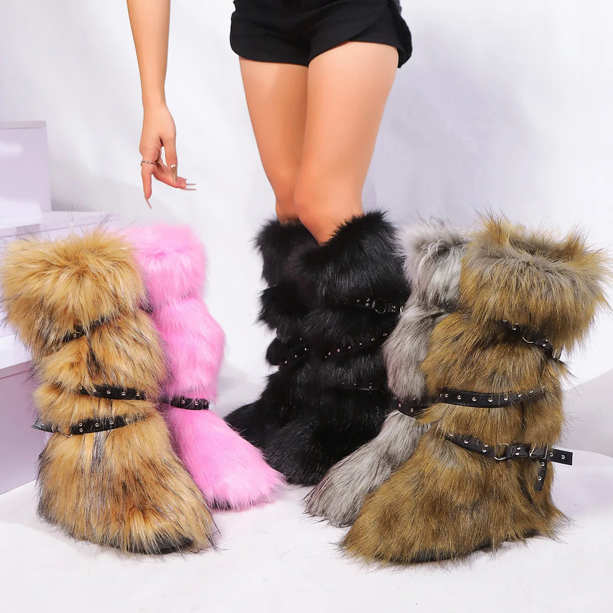 Faux Fur Fuzzy Boots Fashion Strap Snow Boots Warm Knee-high