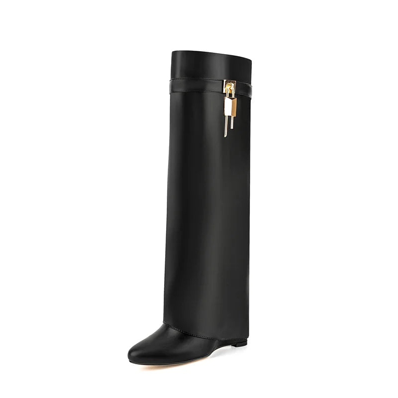 Lock Metal Buckle Women Knee High Boots