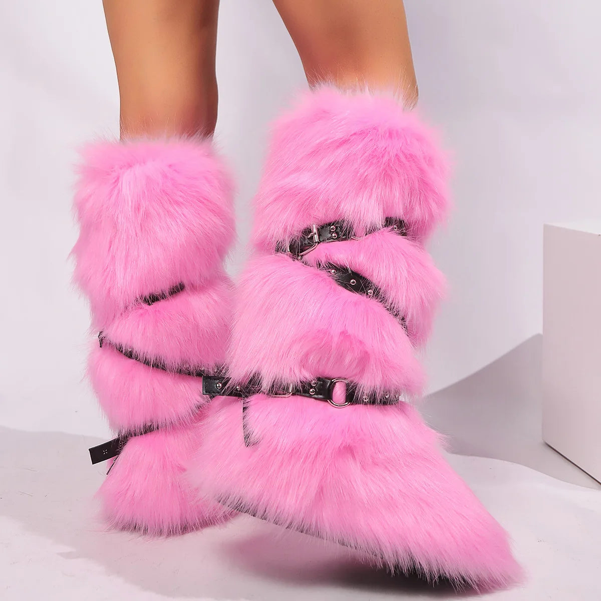 Faux Fur Fuzzy Boots Fashion Strap Snow Boots Warm Knee-high