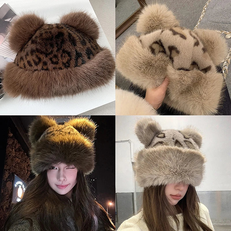 Leopard Print Plush Ears Bucket Hat