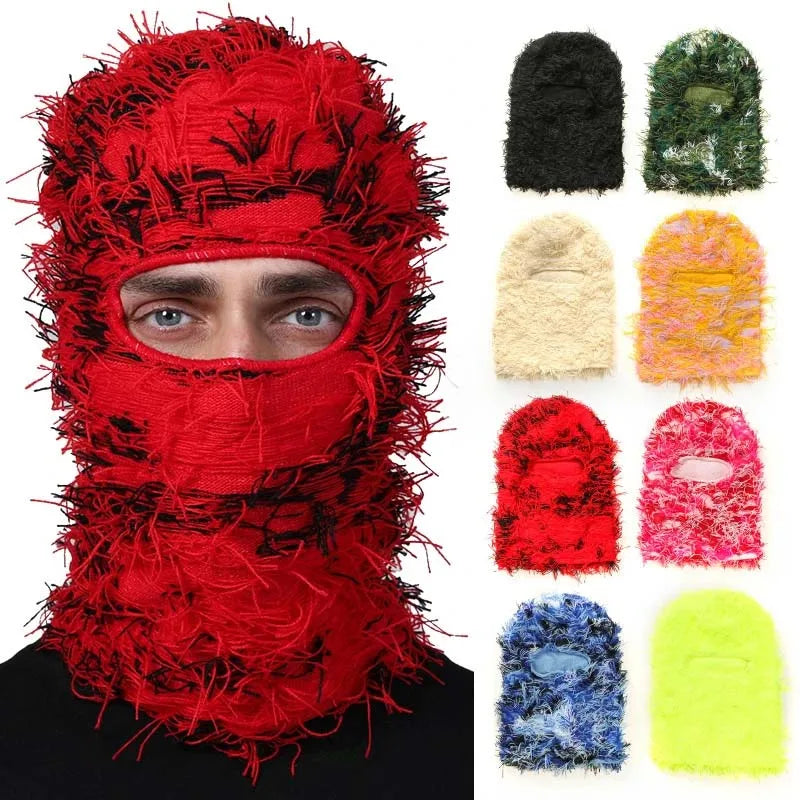 Distressed Knitted Caps & Full Face Ski Mask