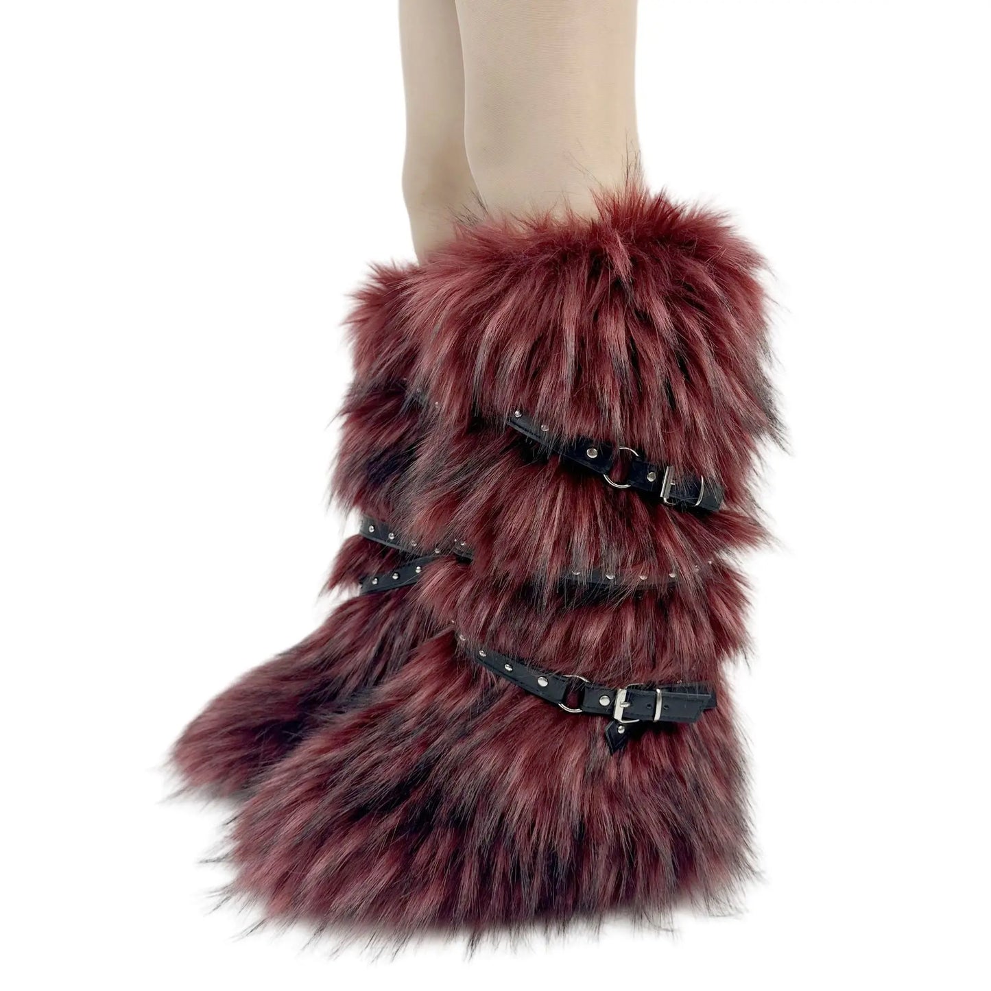 Faux Fur Fuzzy Boots Fashion Strap Snow Boots Warm Knee-high