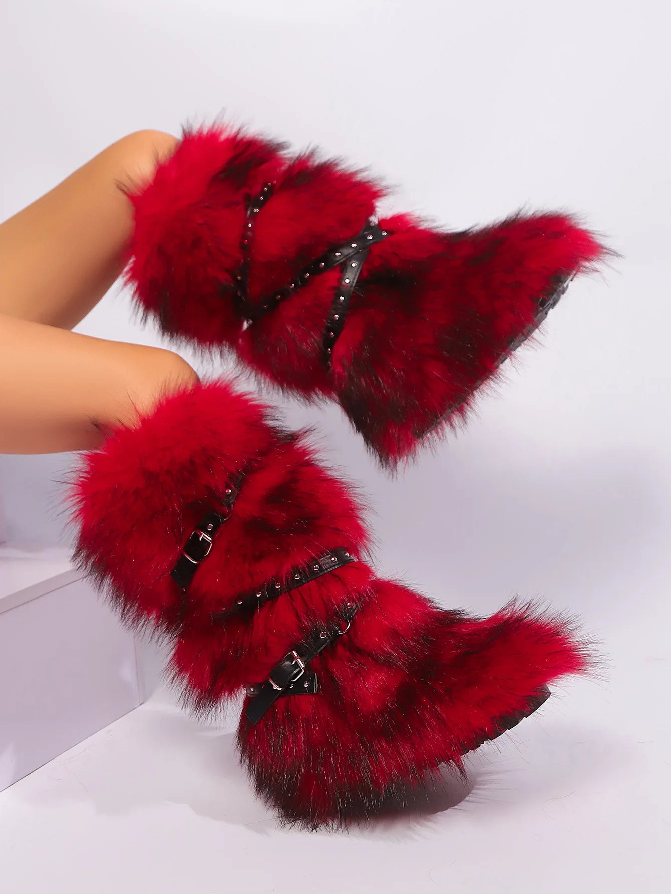 Faux Fur Fuzzy Boots Fashion Strap Snow Boots Warm Knee-high