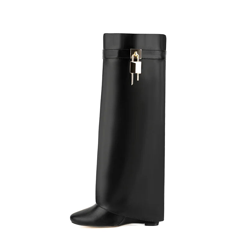 Lock Metal Buckle Women Knee High Boots